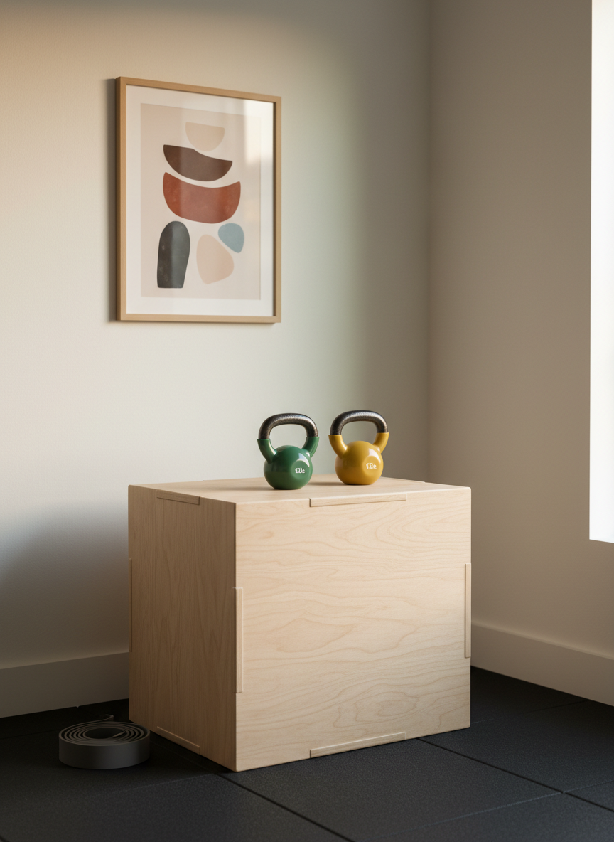A neatly organized corner of a modern home gym featuring a smooth wooden plyometric box, a rolled charcoal-gray resistance band, and a pair of small, color-coded kettlebells lined up with precision. The equipment sits on a dark, non-reflective rubber floor against a warm white wall accented by a single, framed abstract print in muted earth tones. Late afternoon natural light pours in from a large side window, creating soft highlights on the kettlebells and subtle gradients on the wall. The photograph is captured from a slightly elevated angle with balanced composition and moderate depth of field, conveying calm focus, control, and a professional yet approachable coaching environment.
