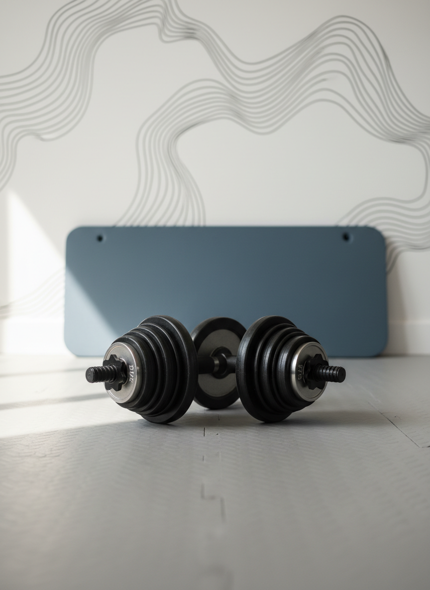 A pair of neatly arranged adjustable dumbbells with matte black handles and brushed steel plates, resting on a clean, light gray rubber gym floor. Behind them, a folded slate-blue exercise mat and a minimalist white wall with a subtle, abstract line pattern suggest a calm training space. Soft morning daylight filters in from an unseen window to the left, casting gentle, elongated shadows and a quiet glow across the metal surfaces. Photographic realism, eye-level composition with a shallow depth of field keeps the dumbbells in crisp focus while the background falls into a soft blur, creating a calm, professional, and inviting atmosphere suited to a personal training homepage hero image.
