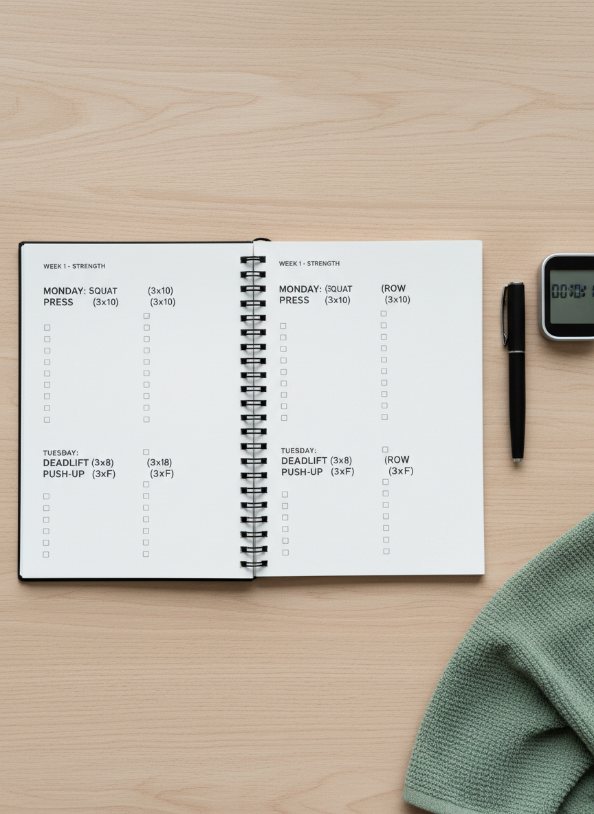 A minimalist training notebook open on a light oak table, its crisp white pages filled with neatly printed workout plans and small checkboxes, beside a sleek black pen and a slim digital stopwatch with a soft blue backlit display. A folded, eucalyptus-green microfiber towel is partially visible at the edge of the frame, hinting at recent movement. Diffused overcast daylight from a nearby window creates gentle, shadowless illumination across the tabletop, emphasizing clean lines and textures. Shot from a top-down, bird’s-eye perspective with precise, centered composition and sharp focus throughout, the photographic image exudes calm organization, supportive structure, and a sense of measured, sustainable progress in health and fitness coaching.